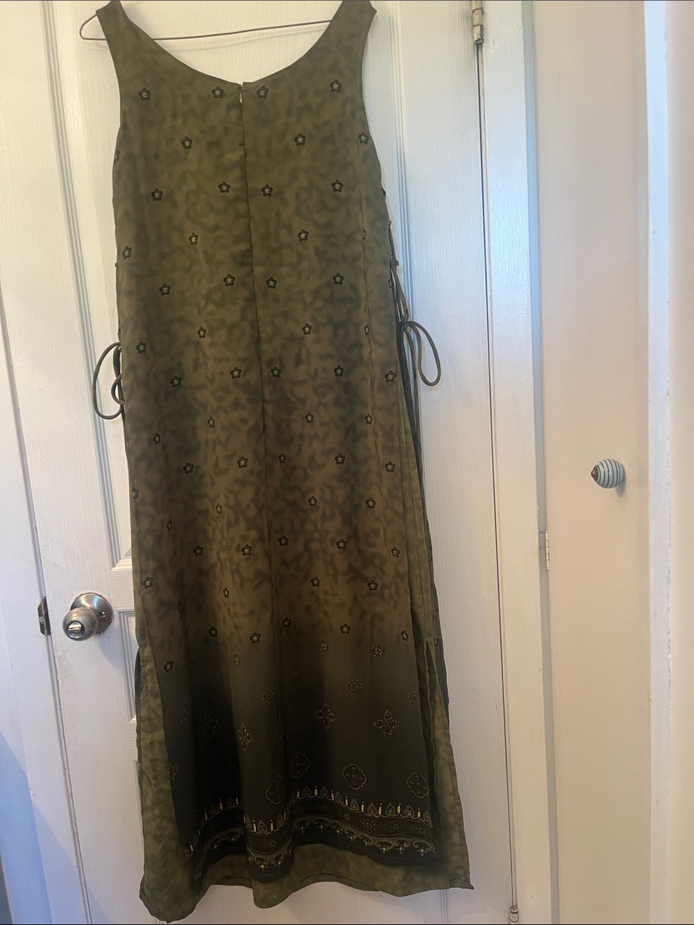 Vintage Olive Green Hippie Tank Maxi Dress with Side Ties and Ethnic Vibe - Picture 5 of 5
